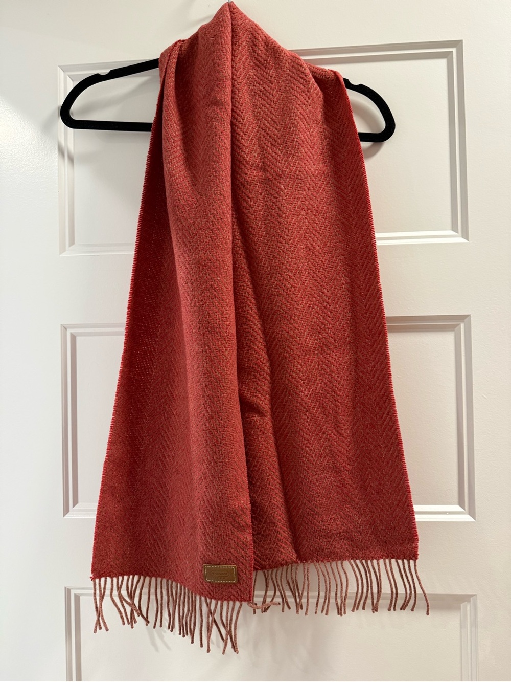 Coach Rust-Pink Herringbone Scarf with Fringe